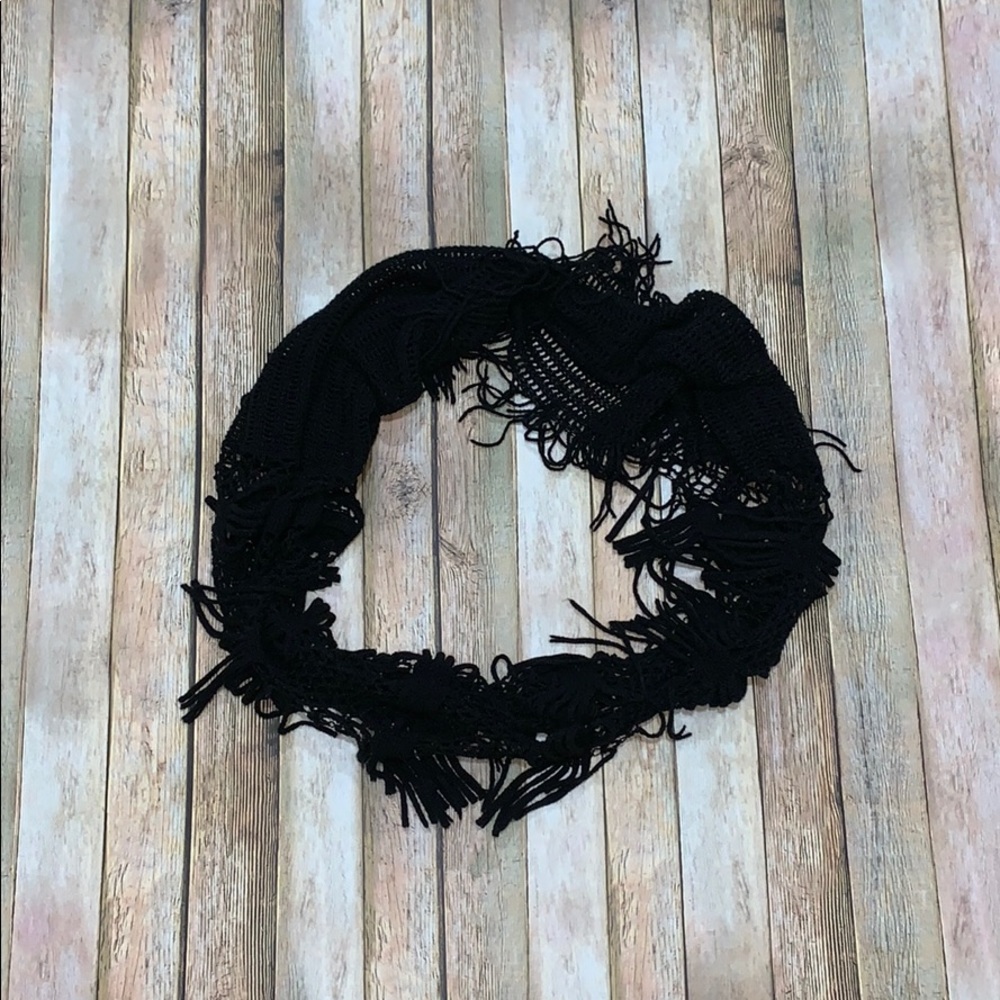 Black crocheted fringe infinity scarf